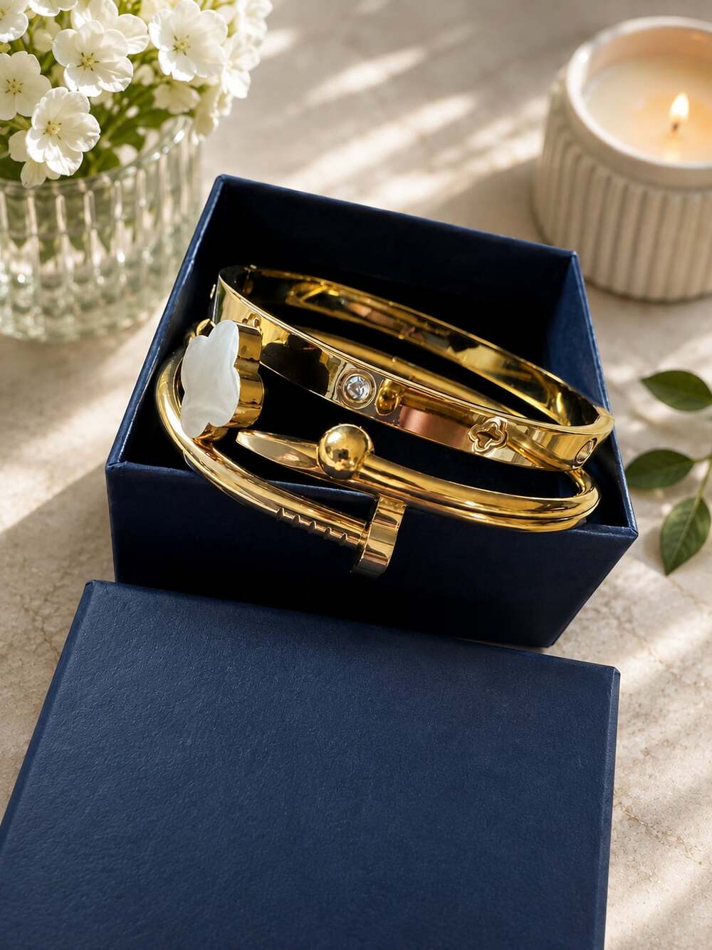 J02 Gold-Tone Stainless Steel Bangle Bracelet Set, 3-Piece